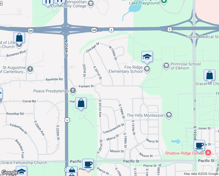 map of restaurants, bars, coffee shops, grocery stores, and more near 20011 Farnam Street in Omaha