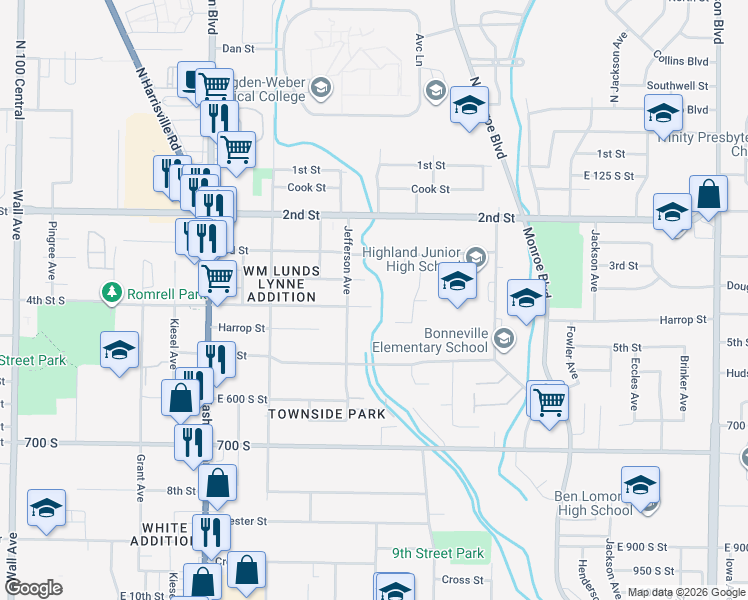 map of restaurants, bars, coffee shops, grocery stores, and more near 627 4th Street South in Ogden