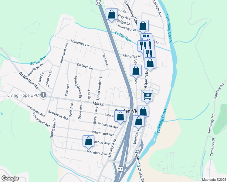 map of restaurants, bars, coffee shops, grocery stores, and more near 32 Catherine Drive in Williamsport