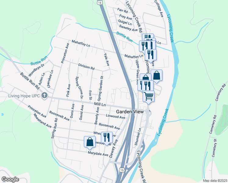 map of restaurants, bars, coffee shops, grocery stores, and more near 2-106 Fritz Lane in Williamsport