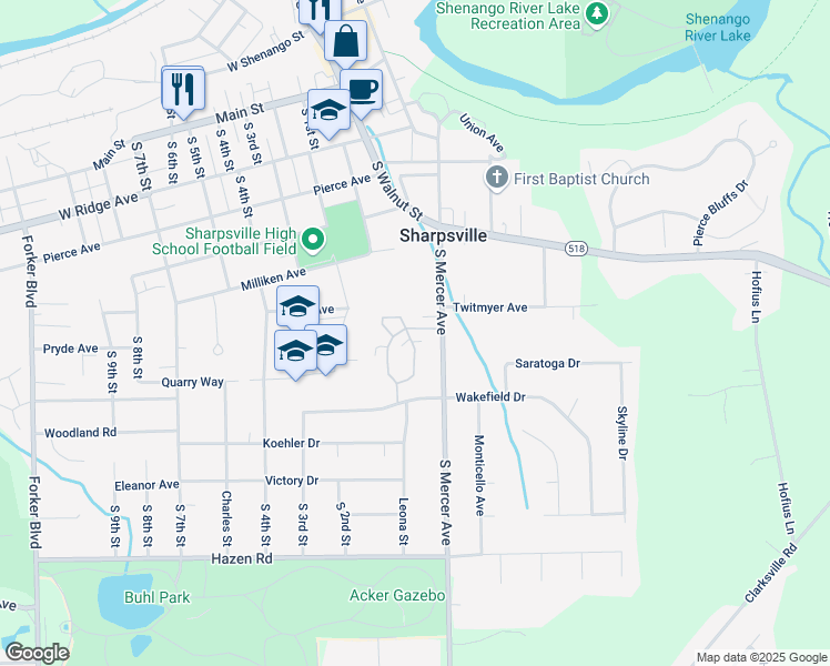 map of restaurants, bars, coffee shops, grocery stores, and more near 459 Colonial Court in Sharpsville