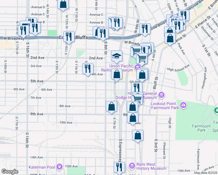 map of restaurants, bars, coffee shops, grocery stores, and more near 725 6th Avenue in Council Bluffs
