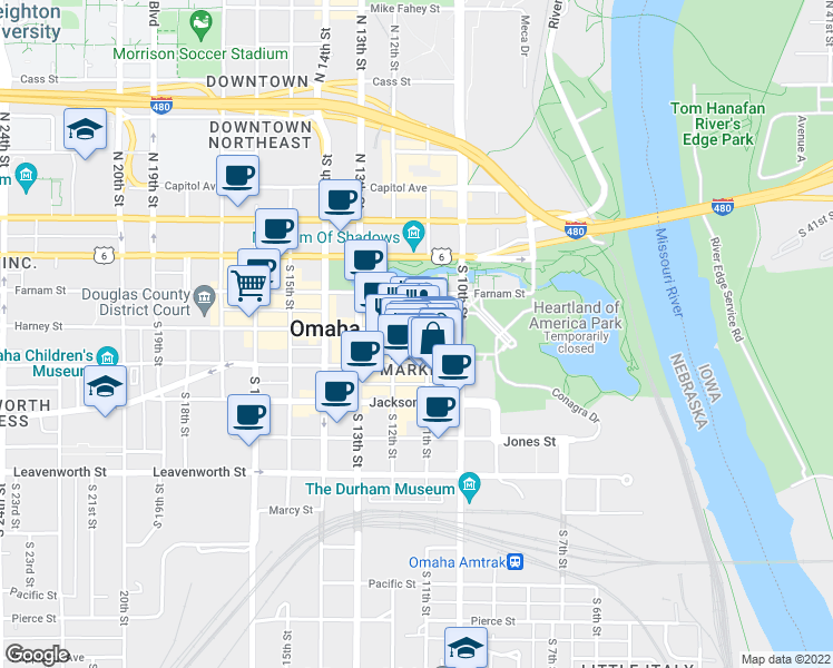 map of restaurants, bars, coffee shops, grocery stores, and more near 1102 Harney Street in Omaha