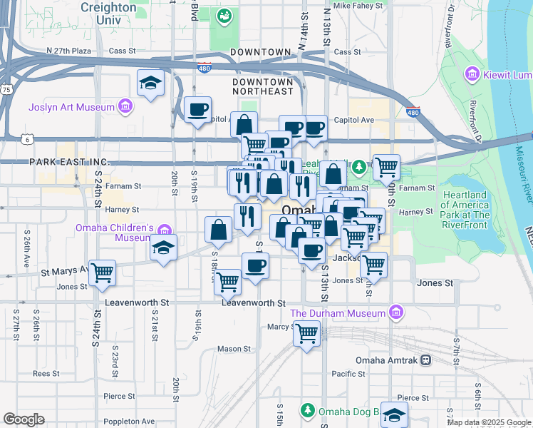 map of restaurants, bars, coffee shops, grocery stores, and more near 409 South 16th Street in Omaha