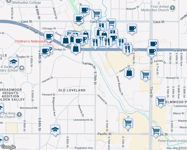map of restaurants, bars, coffee shops, grocery stores, and more near 7812 Harney Street in Omaha