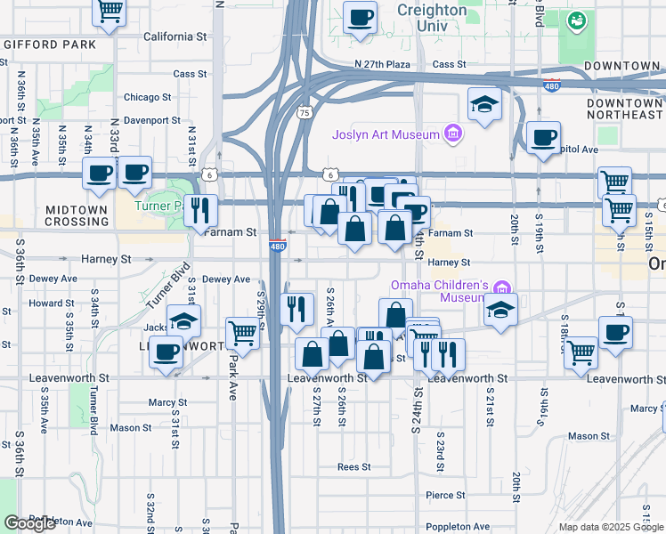 map of restaurants, bars, coffee shops, grocery stores, and more near 2601 Harney Street in Omaha