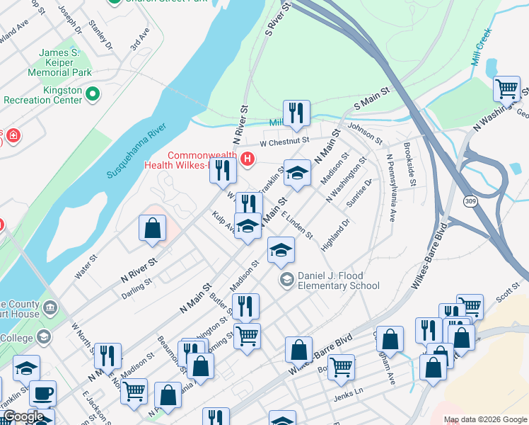 map of restaurants, bars, coffee shops, grocery stores, and more near 551 North Main Street in Wilkes-Barre