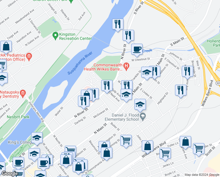 map of restaurants, bars, coffee shops, grocery stores, and more near 40 Kulp Avenue in Wilkes-Barre