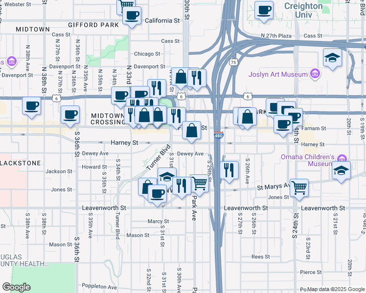map of restaurants, bars, coffee shops, grocery stores, and more near 3005 Harney Street in Omaha