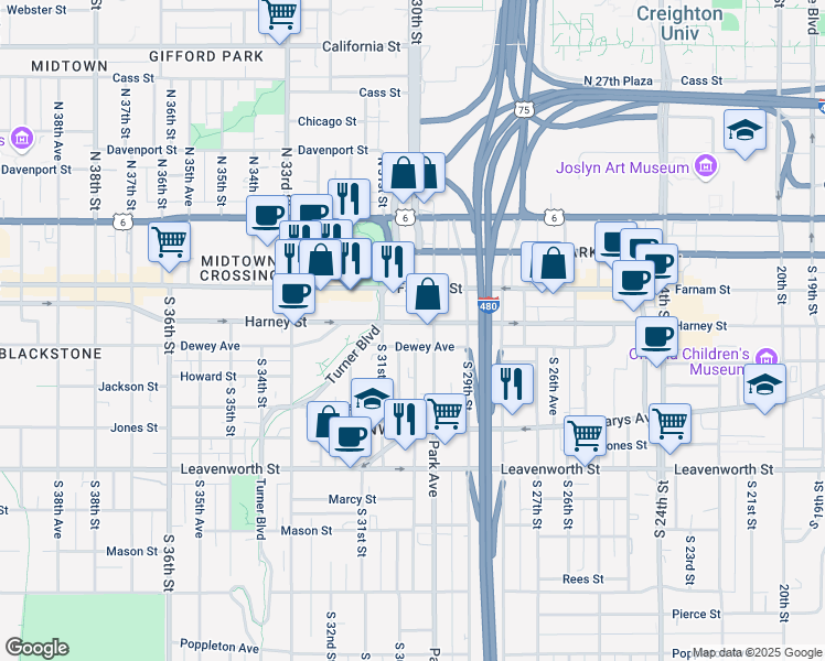 map of restaurants, bars, coffee shops, grocery stores, and more near 3001 Harney Street in Omaha