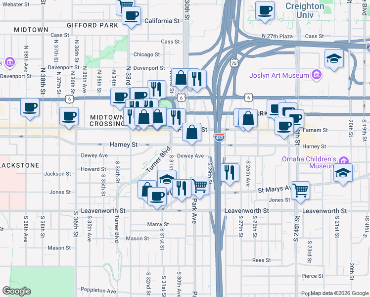 map of restaurants, bars, coffee shops, grocery stores, and more near 2945 Dewey Avenue in Omaha