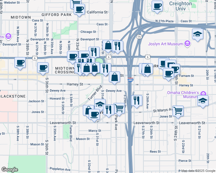 map of restaurants, bars, coffee shops, grocery stores, and more near 3009 Harney Street in Omaha