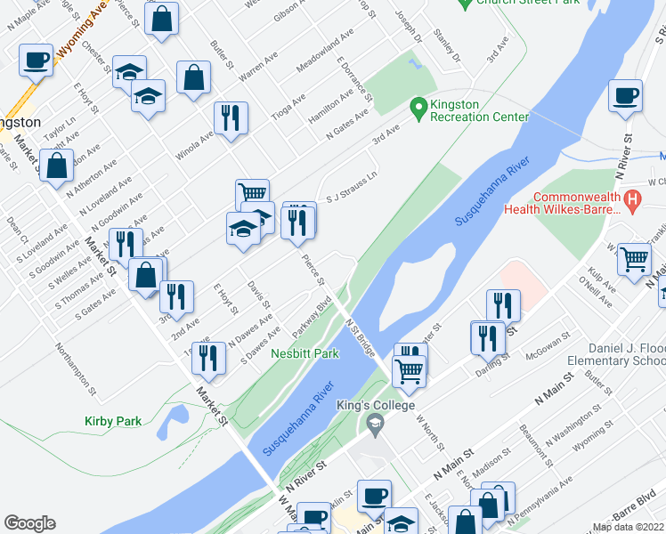 map of restaurants, bars, coffee shops, grocery stores, and more near 560 Pierce St in Kingston