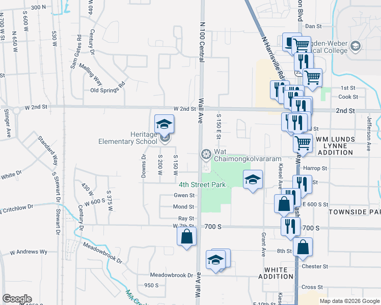 map of restaurants, bars, coffee shops, grocery stores, and more near 454 South 150 West in Ogden