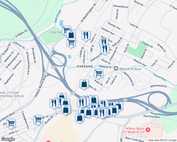 map of restaurants, bars, coffee shops, grocery stores, and more near 848 Mill Street in Wilkes-Barre