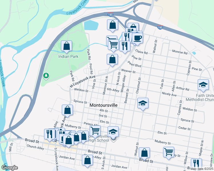 map of restaurants, bars, coffee shops, grocery stores, and more near 512 Montour Street North in Montoursville