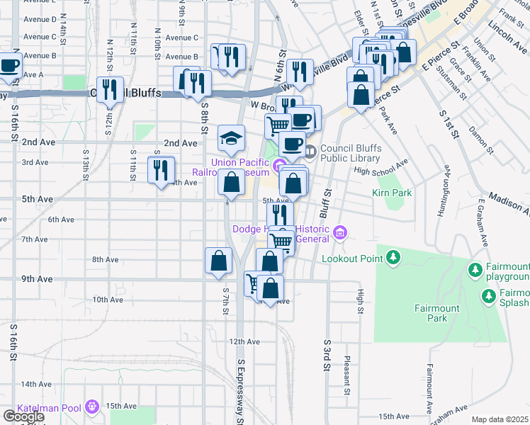 map of restaurants, bars, coffee shops, grocery stores, and more near in Council Bluffs