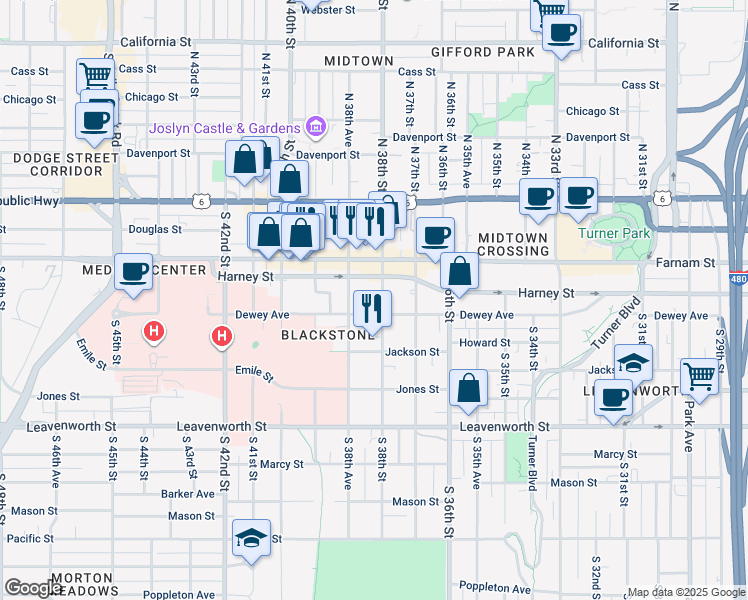 map of restaurants, bars, coffee shops, grocery stores, and more near 3814 Dewey Avenue in Omaha