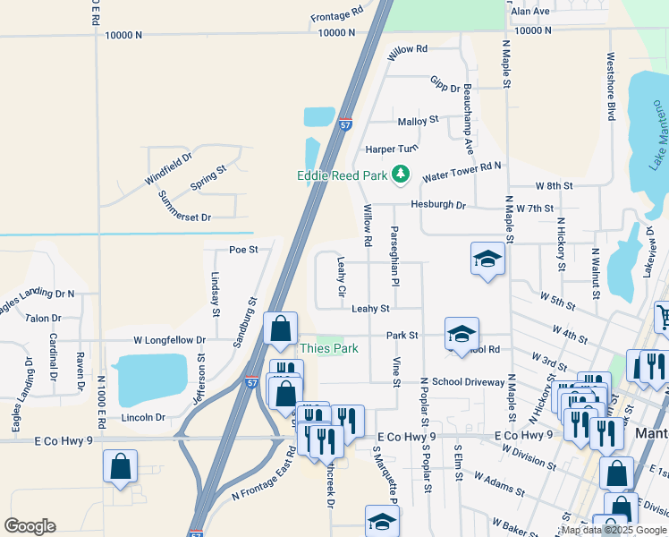 map of restaurants, bars, coffee shops, grocery stores, and more near 483 Leahy Circle in Manteno