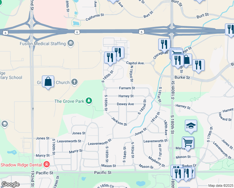 map of restaurants, bars, coffee shops, grocery stores, and more near 18380 Harney Street in Omaha