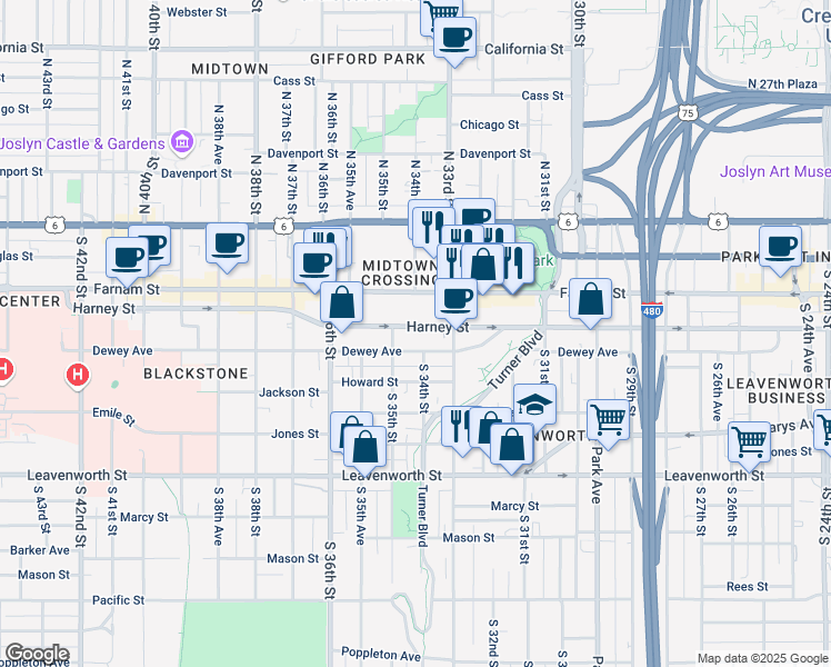 map of restaurants, bars, coffee shops, grocery stores, and more near 3327 Harney Street in Omaha