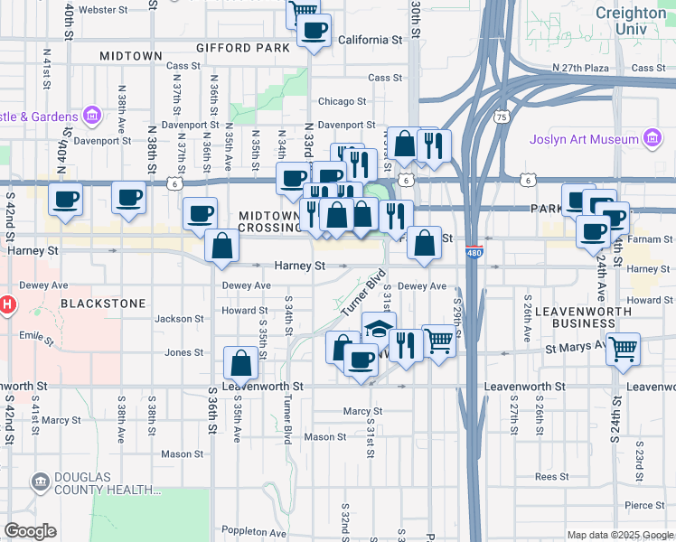 map of restaurants, bars, coffee shops, grocery stores, and more near 3205 Harney Street in Omaha