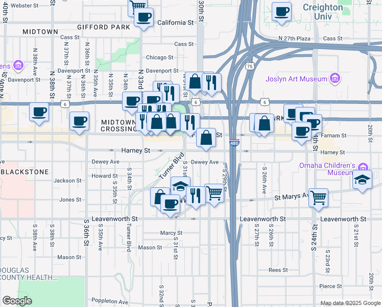 map of restaurants, bars, coffee shops, grocery stores, and more near 3105 Dewey Avenue in Omaha