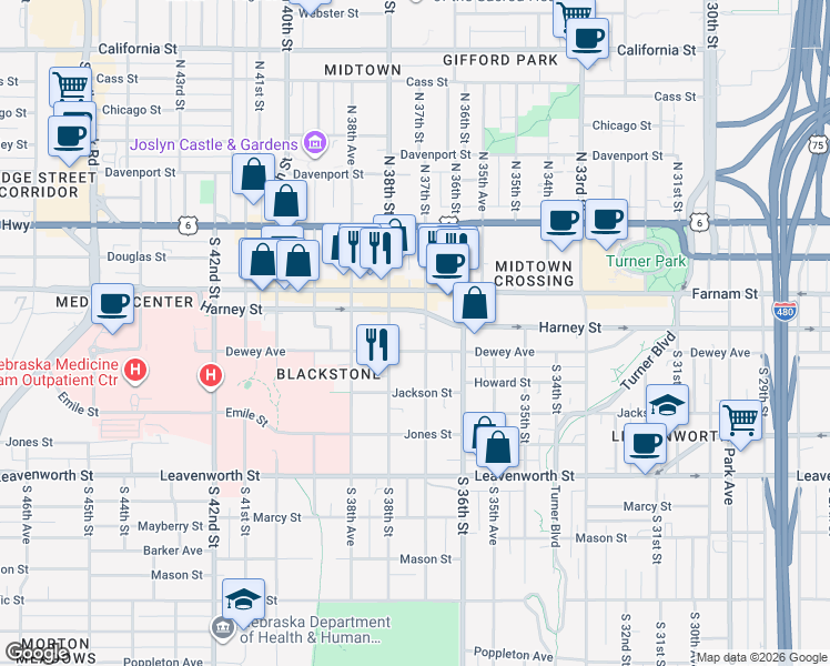 map of restaurants, bars, coffee shops, grocery stores, and more near 336 South 37th Street in Omaha