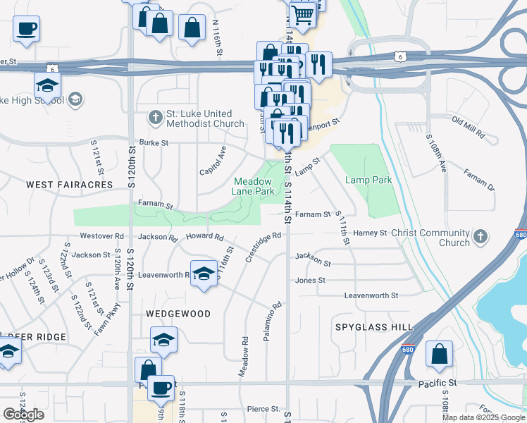 map of restaurants, bars, coffee shops, grocery stores, and more near 11434 Farnam Circle in Omaha