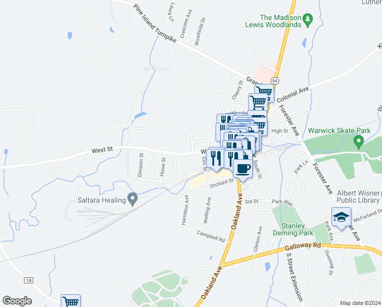 map of restaurants, bars, coffee shops, grocery stores, and more near 60 West Street in Warwick