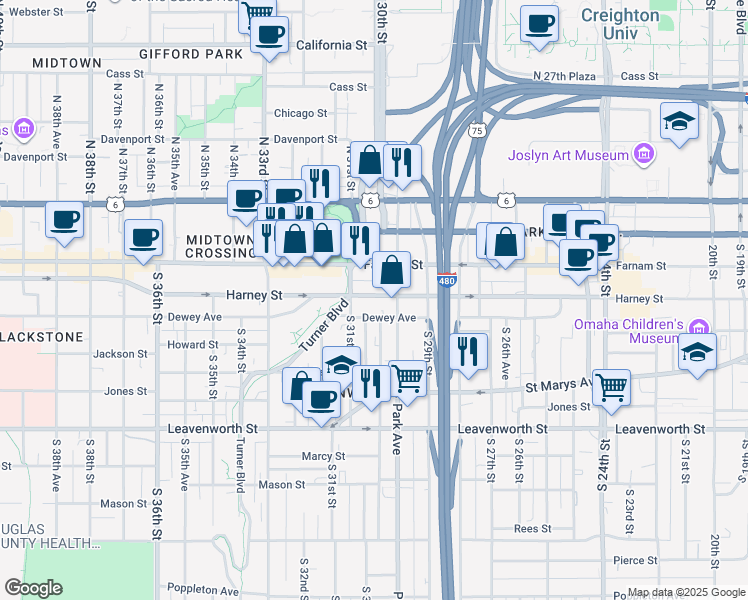 map of restaurants, bars, coffee shops, grocery stores, and more near 2945 Dewey Avenue in Omaha