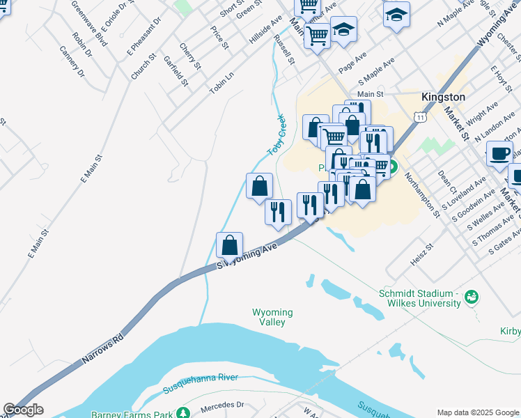 map of restaurants, bars, coffee shops, grocery stores, and more near 18 Mark Plaza in Kingston
