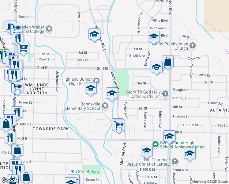 map of restaurants, bars, coffee shops, grocery stores, and more near 357 Monroe Boulevard in Ogden