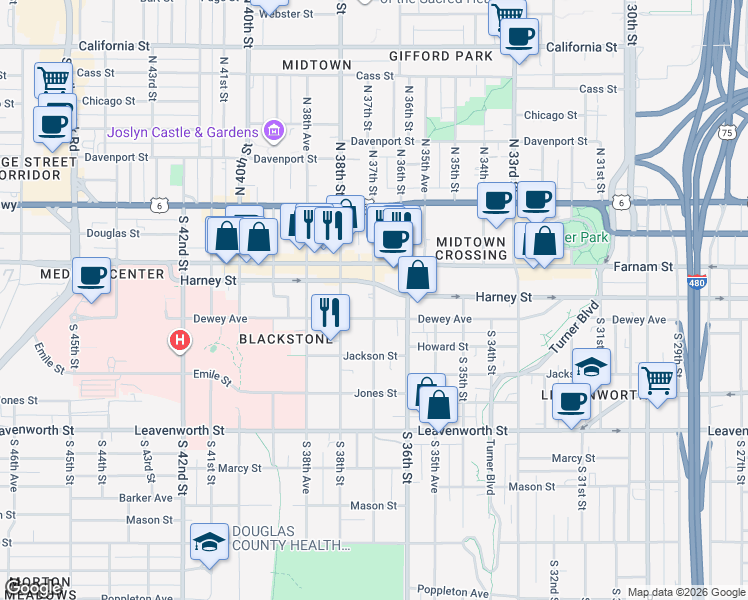map of restaurants, bars, coffee shops, grocery stores, and more near 3625 Dewey Avenue in Omaha