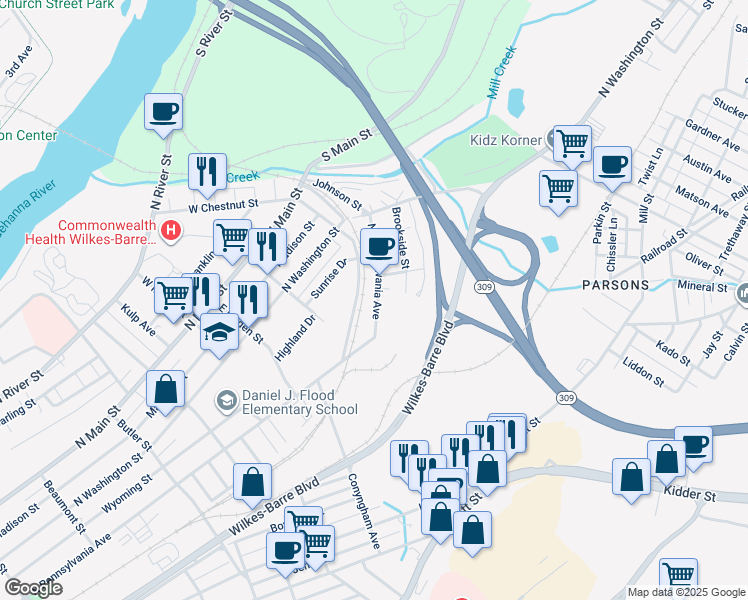 map of restaurants, bars, coffee shops, grocery stores, and more near 653-751 N Pennsylvania Ave in Wilkes-Barre