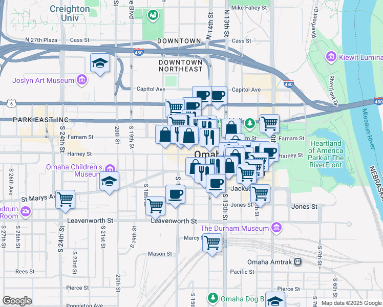 map of restaurants, bars, coffee shops, grocery stores, and more near 1416 Howard Street in Omaha