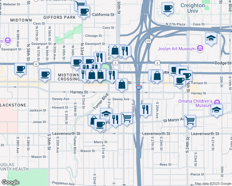map of restaurants, bars, coffee shops, grocery stores, and more near 2945 Dewey Avenue in Omaha