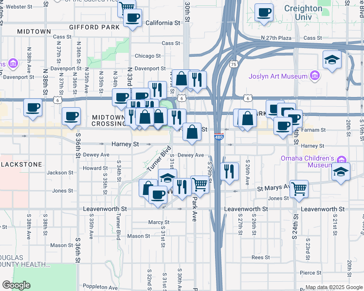 map of restaurants, bars, coffee shops, grocery stores, and more near 2945 Dewey Avenue in Omaha