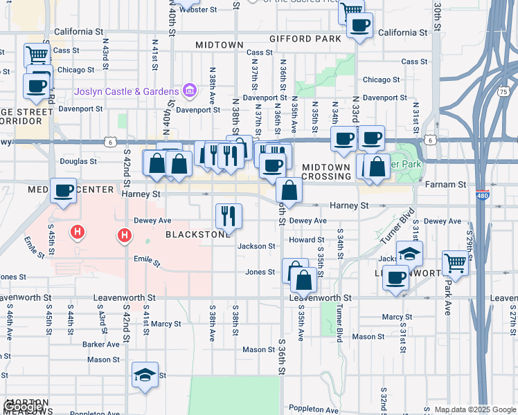 map of restaurants, bars, coffee shops, grocery stores, and more near 3625 Dewey Avenue in Omaha
