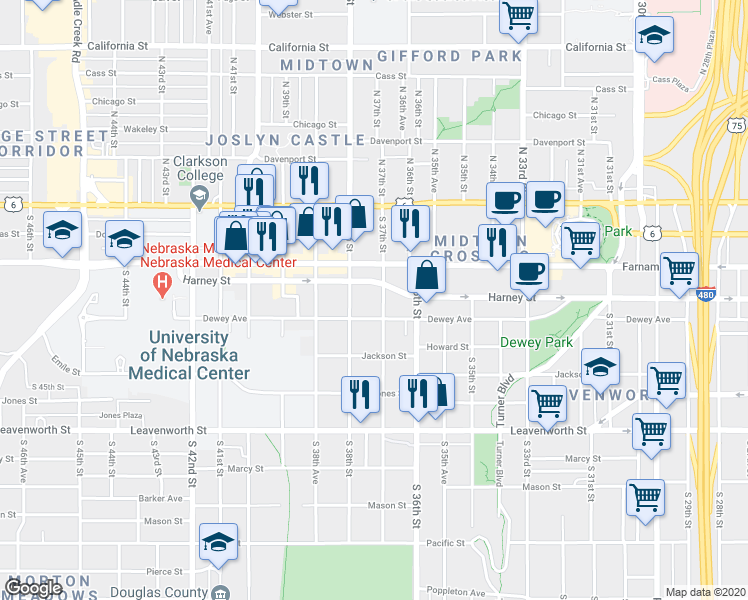 map of restaurants, bars, coffee shops, grocery stores, and more near 336 South 37th Street in Omaha