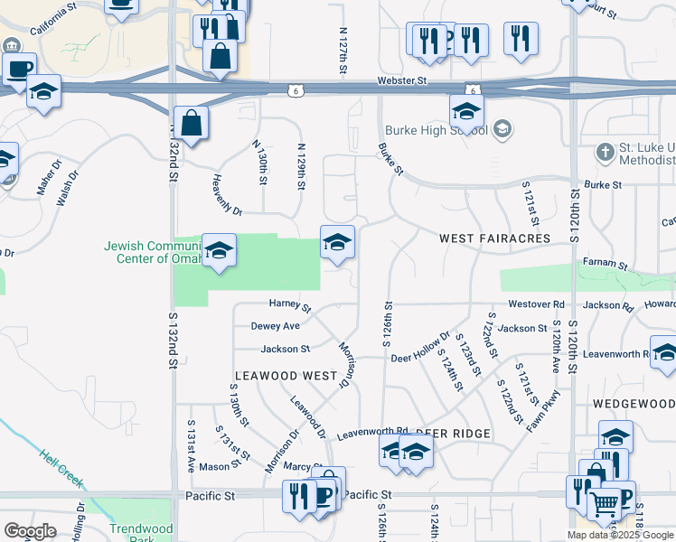 map of restaurants, bars, coffee shops, grocery stores, and more near 12732 Harney Street in Omaha