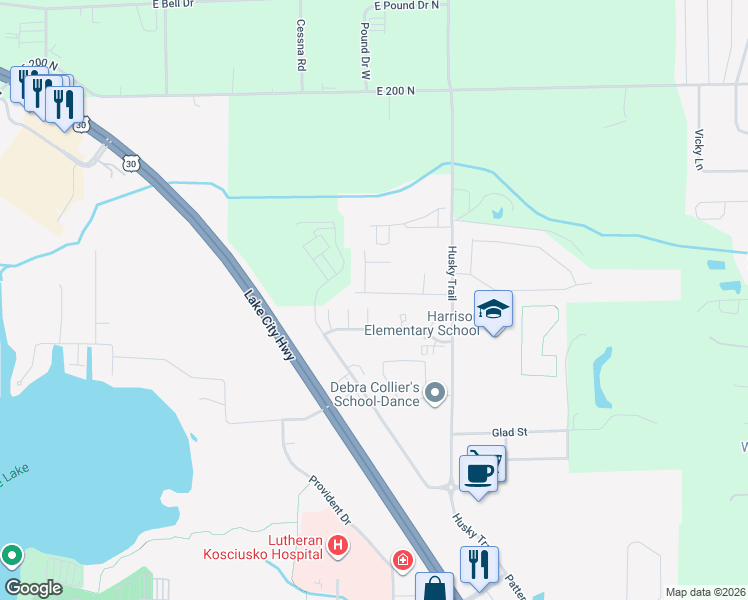 map of restaurants, bars, coffee shops, grocery stores, and more near 1904 North Sandcastle Drive in Warsaw