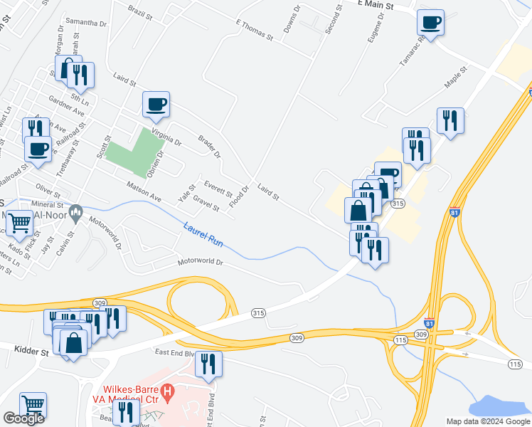 map of restaurants, bars, coffee shops, grocery stores, and more near 7 Flood Drive in Wilkes-Barre