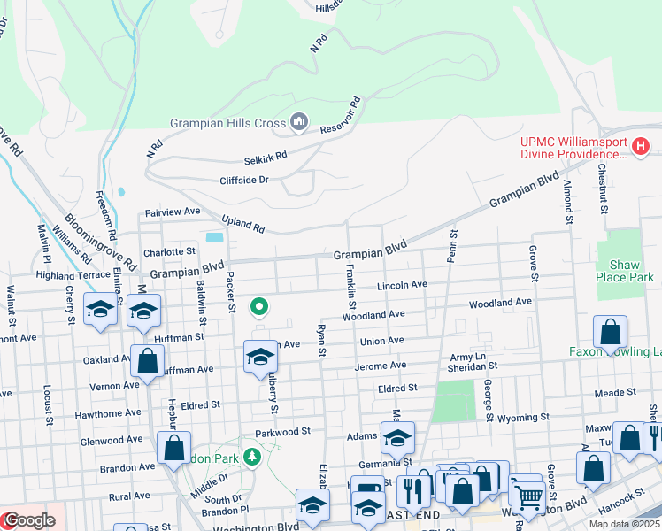 map of restaurants, bars, coffee shops, grocery stores, and more near 243-299 Lincoln Avenue in Williamsport
