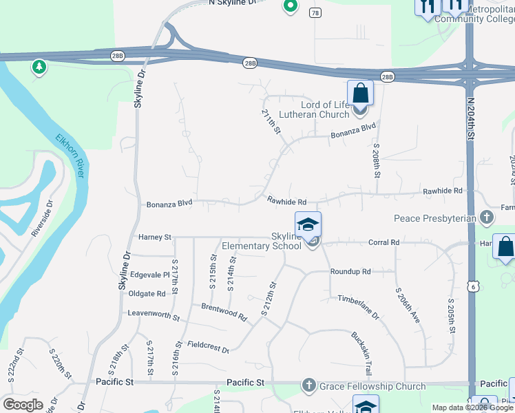map of restaurants, bars, coffee shops, grocery stores, and more near 21335 Bonanza Boulevard in Omaha