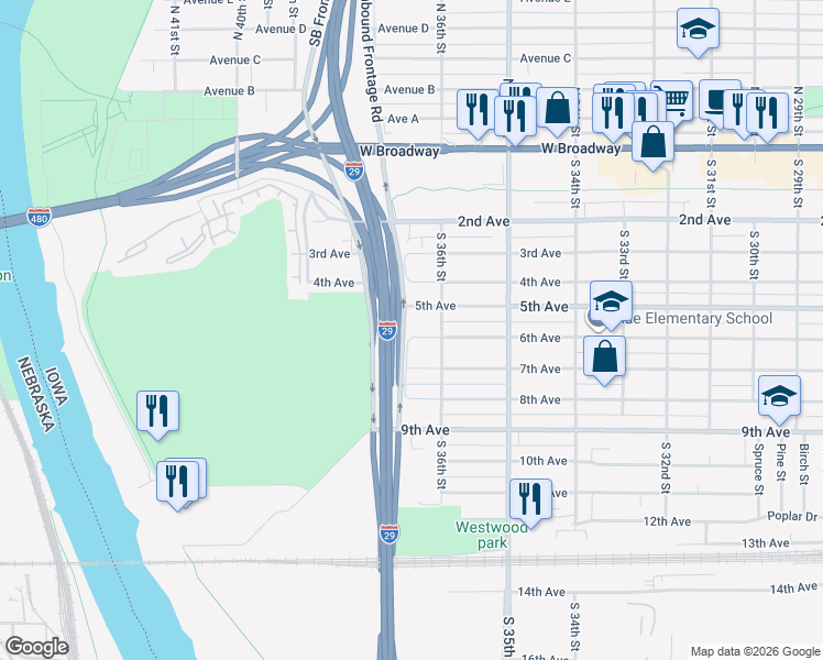 map of restaurants, bars, coffee shops, grocery stores, and more near 3623 6th Avenue in Council Bluffs