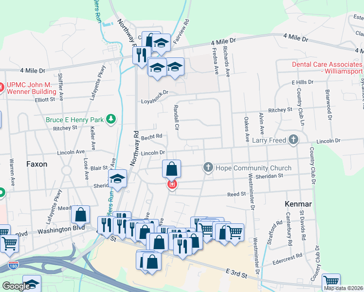 map of restaurants, bars, coffee shops, grocery stores, and more near 1800-2098 Lincoln Drive in Williamsport