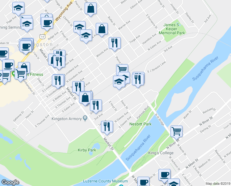 map of restaurants, bars, coffee shops, grocery stores, and more near 131 3rd Avenue in Kingston