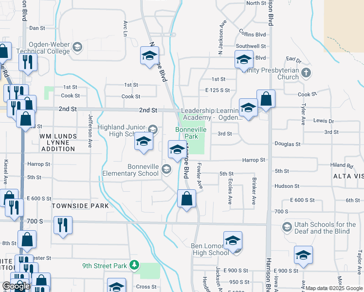 map of restaurants, bars, coffee shops, grocery stores, and more near 357 Monroe Boulevard in Ogden