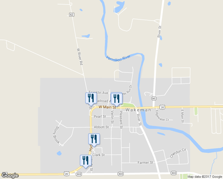 map of restaurants, bars, coffee shops, grocery stores, and more near 38 Franklin Avenue in Wakeman